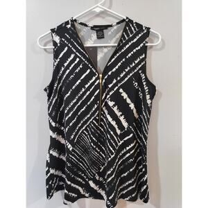 Robert Louis Black White Abstract Print Zip Front Sleeveless Top Small